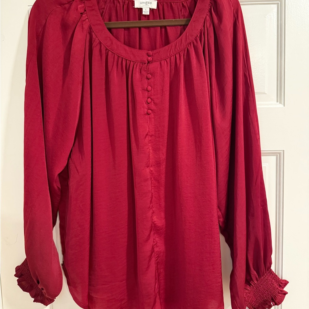 Umgee Red Blouse Relaxed Ruffled Buttoned